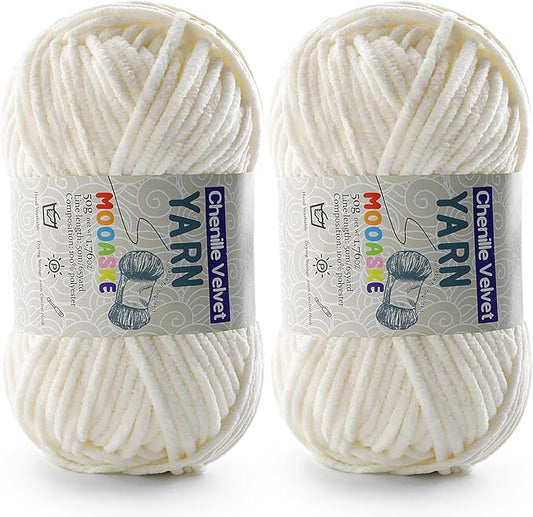 2 Pac Chenille Yarn for Crocheting - Fluffy Yarn for Crochet, Baby Yarn for Crocheting Soft Blankets - Weight Per Roll 50g/1.76oz, Length 60m/65yard (Milky White)