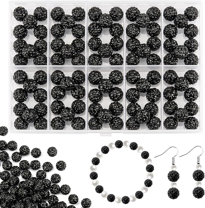 100Pcs 10mm Black Rhinestone Beads for Jewelry Making, Shiny Round Disco Ball Sparkly Beads Bulk with 10-Grid Storage Box for DIY Baseball Necklaces Shamballa Bracelets