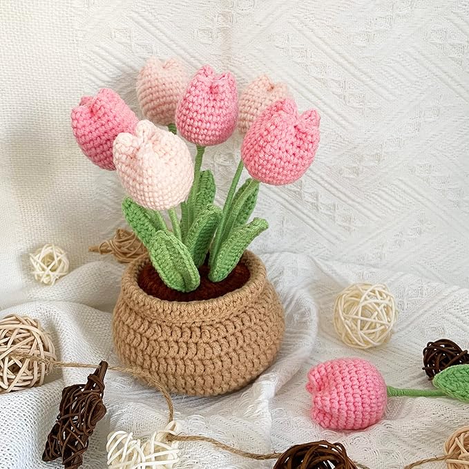 Lily's Lyric Flower Crochet Kit | Tulip Flowerpot | Step-by-Step Video Tutorial for Adults Teenagers | DIY Home Decoration Craft Gift Idea Pink