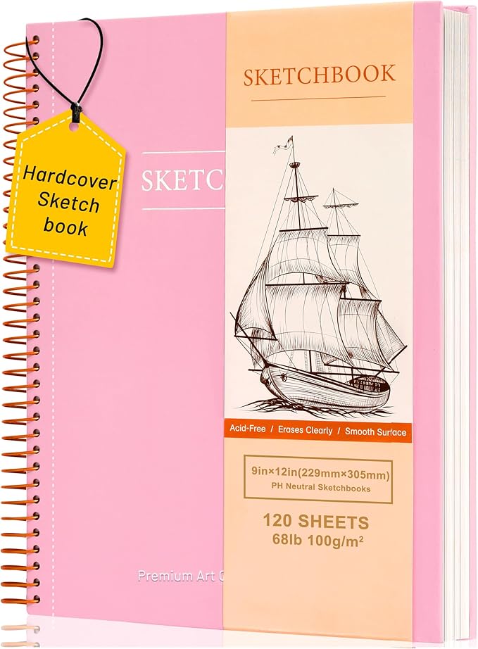 9 x 12 inches Hardcover Sketchbook for Drawing 120 Sheets Spiral Bound Sketch Pad Premium Art Sketchbook Artistic Drawing Painting Writing Paper(68lb/100gsm) for Kids Adults Beginners Artists, Pink