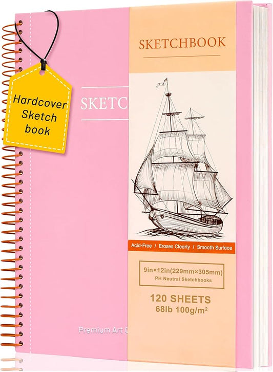 9 x 12 inches Hardcover Sketchbook for Drawing 120 Sheets Spiral Bound Sketch Pad Premium Art Sketchbook Artistic Drawing Painting Writing Paper(68lb/100gsm) for Kids Adults Beginners Artists, Pink