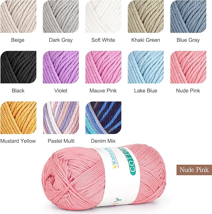 Katech Pure Cotton Yarn for Crocheting & Knitting–Soft Sport Weight CYC #2, 6 Skeins (50g Each, 300g Total), Ideal Crochet Yarn for Dishcloths, Baby Clothes, Socks, Lightweight Scarves(Nude Pink)
