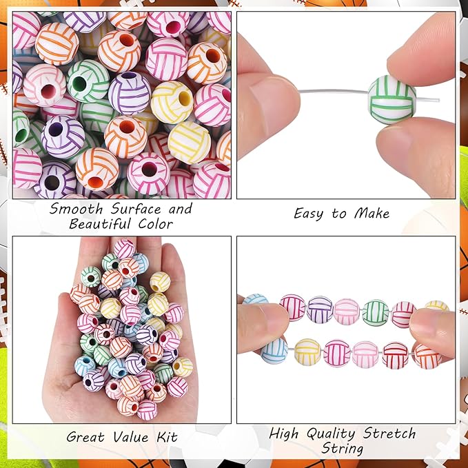100pcs Volleyball Beads with 5.5 Yard Elastic Rope,Acrylic Sports Beads DIY Spacer for Necklace Bracelet Keychains Handmade Jewelry Making Accessories Craft Supplies,12mm(Rainbow Volleyball)