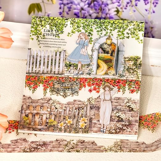6 Rolls Flower Wall PET Tape Set, Seamless Floral Brick Stone Stickers for Journaling, DIY Crafts, Planner, Scrapbook Supplies with Clip, Waterproof and Decorative