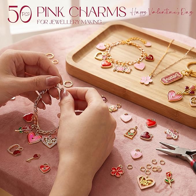 Sistenia Pink Heart Love Charms, Gold Plated Enamel Red Pendants Rose Charms for Bracelets with 50pcs Jump Rings DIY Necklace Keychain Bracelet Earring for Jewelry Making Crafts Gifts for Women