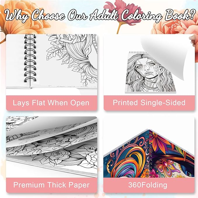 3Pcs Coloring Books for Adults Relaxation, 72 Patterns Sugar Skull Coloring Book for Adults, Mandala Coloring Book for Women, Spiral Coloring Books for Women Spiral Bound Printed On One Side