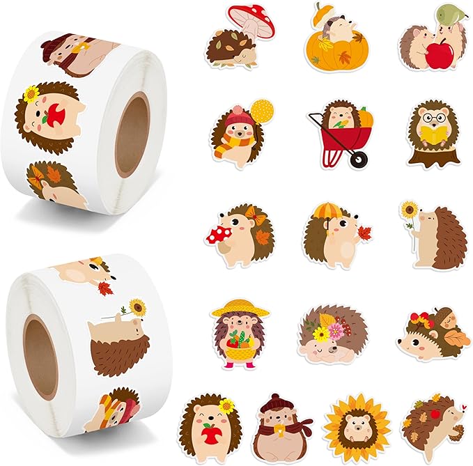 beyumi fall cute hedgehog sticker - 1000pcs fall hedgehog stickers in 2 rolls autumn thanksgiving adhesive kawaii animal decals fall holiday party favor supplies classroom office bottle decor for kids