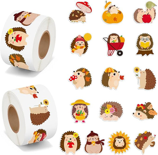 beyumi fall cute hedgehog sticker - 1000pcs fall hedgehog stickers in 2 rolls autumn thanksgiving adhesive kawaii animal decals fall holiday party favor supplies classroom office bottle decor for kids