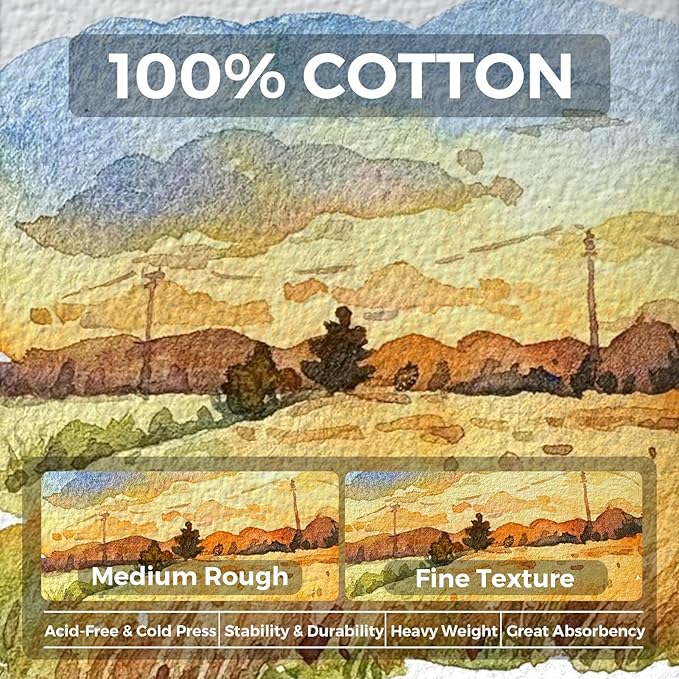 Funto Watercolor Journal, 7.5x5, 2 Packs, 44 Pages Each, Cold-Pressed 100% Cotton, Pearlescent PU Leather Brown Cover, Art Supplies for Mixed Media