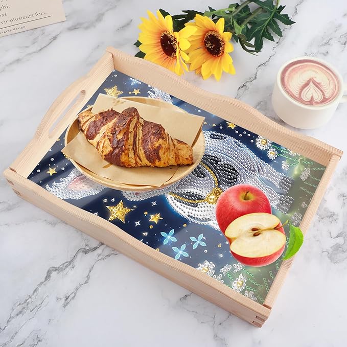 DIY Diamond Art Tray with Handle Diamond Art Painting Plate Creative Design Handmade Wooden Tray Mosaic Making Kits by Number Kits Diamond Art for Coffee Living Room Home Organizer (Milk Cow)