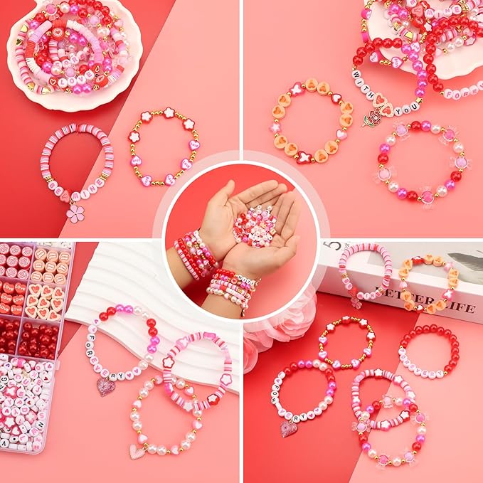 HSONAIGEE Valentine Beads Bracelet Making Kit, Assorted Valentine's Day Bead Pink Beads Polymer Clay Bead Heart Bead Charms for Jewelry Necklace Earring Making DIY Crafts
