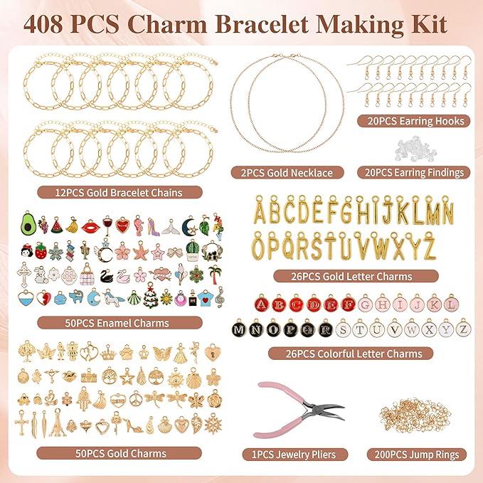 408Pcs Gold Charm Bracelet Making Kit for Girls, Including 12 Bracelet Chains, 152 Charms, 200 Jump Rings, 20 Earing Hook, 2 Necklace, 1 Jewelry Plier for DIY Crafting and Jewelry Making for Adults