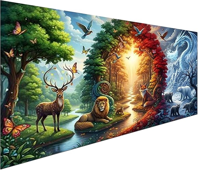 KUFWKEY Four Seasons Landscpae Diamond Art Kits for Adults,Wildlife Diamond Painting Kit,Deer Lion Fox Dragon Nature Scene Diamond Mosiac Kits,Gem Art for Home Decor,Large Size 27.5x15.7 Inch