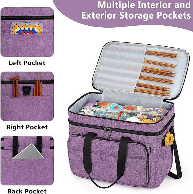 IBFUN 3PCS Crochet Bag with Wrist Yarn Holder, Large Yarn Storage Tote Waterproof Knitting Bag Organizer with Adjustable Strap for Hooks, Needles (Up to 14"), Accessories, Crochet Lovers, Tangle-Free