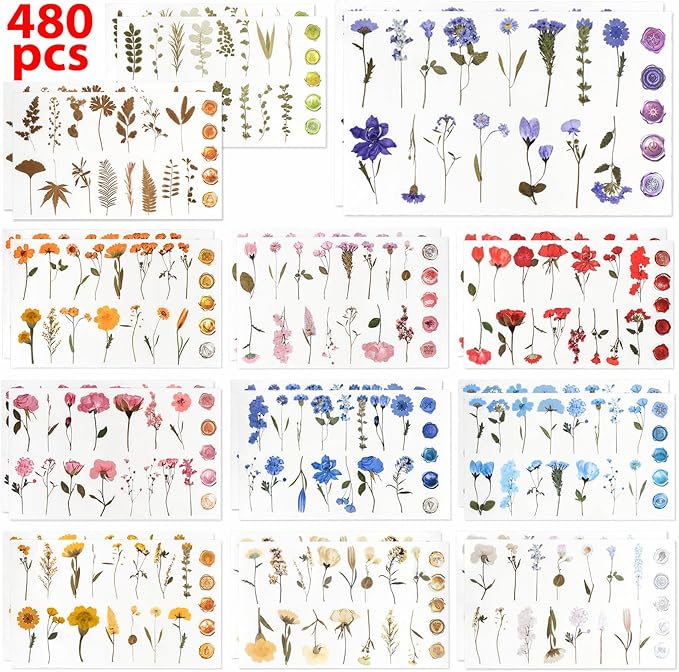 NESSCCI Pressed Flower Themed Stickers (Assorted 480 Pieces,24 Sheets) Scrapbook Supplies,Stickers for Journaling, Dried Floral Resin,Scrapbook Sticker,Junk Journal Sticker