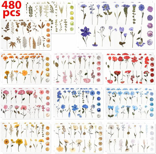 NESSCCI Pressed Flower Themed Stickers (Assorted 480 Pieces,24 Sheets) Scrapbook Supplies,Stickers for Journaling, Dried Floral Resin,Scrapbook Sticker,Junk Journal Sticker
