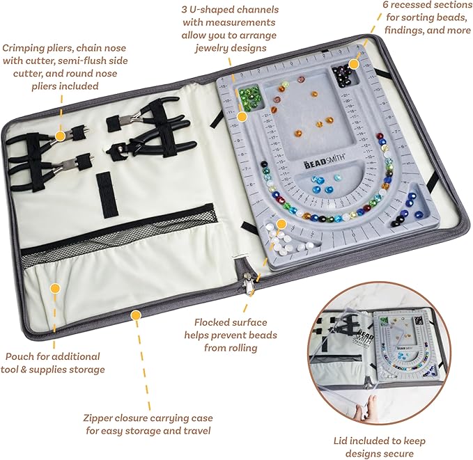 The Beadsmith Bead Folio Kit – Basic Elements – 28” U Channel Bead Board with Lid, Zippered Storage Case & 4-Piece Plier Set– Keep Your Designs, Beads & Tools Secure – Jewelry Making Supplies
