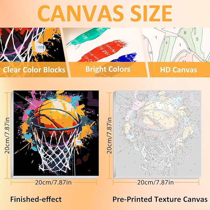 Paint by Numbers Kit for Kids with Frame, Basketball Paint by Numbers for Kids Ages 4-8-12, DIY Basketball Acrylic Oil Painting for Home Wall Art Decor Gift 7.8x7.8 inch (with Frame Easel)