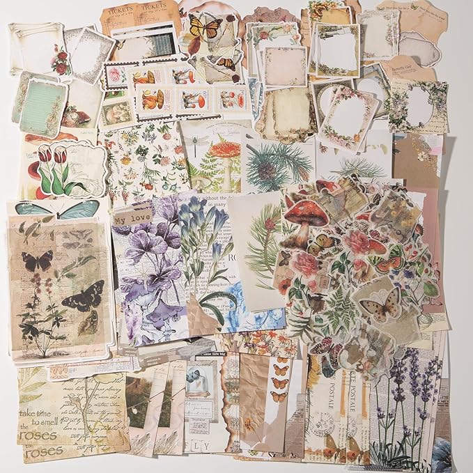 Luyoaozy 200Pcs Vintage Scrapbook Supplies Pack Kit for Junk Journal Bullet Aesthetic Paper Stickers Stuff Journaling Planners Diary Botanical Collage (Plant)