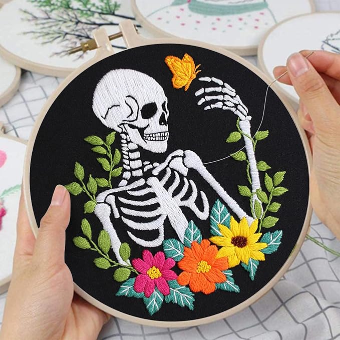 louise maelys helloween embroidery kit canvas tote bag for beginners,cross stitch kits for adults,diy crafts skull flowers pattern,women shopping reusable grocery bags
