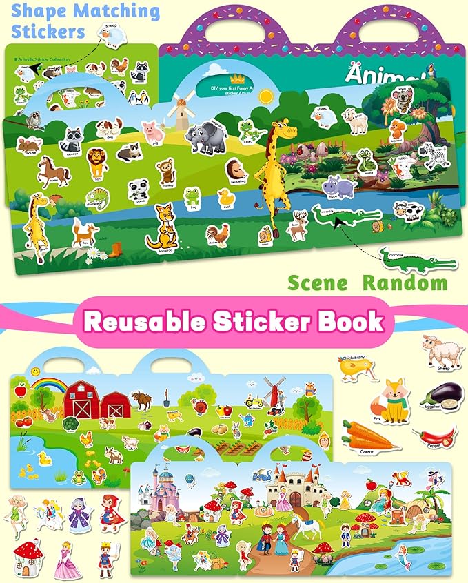 walenced reusable sticker book for toddlers, stickers for kids, toddler sticker book, toddler craft activities, toddler travel toys ages 3 and up boy girl birthday gifts