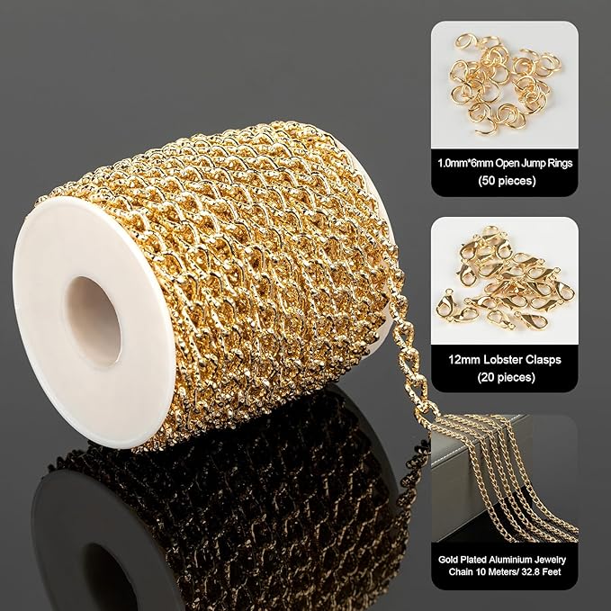YOUBEIYEE 33 Feet Gold Plated Chain for Jewelry Making Aluminum Embossed Cable Necklace Chain for Women Jewelry Making Supplies