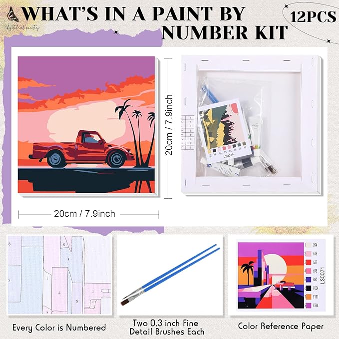 Nezyo 12 Sets Paint by Numbers Kit with Frame for Adult Beginners, Paint by Number DIY Acrylic Painting Canvas for Painting Party, Classroom Activity Birthday Gift, 8 x 8 Inch