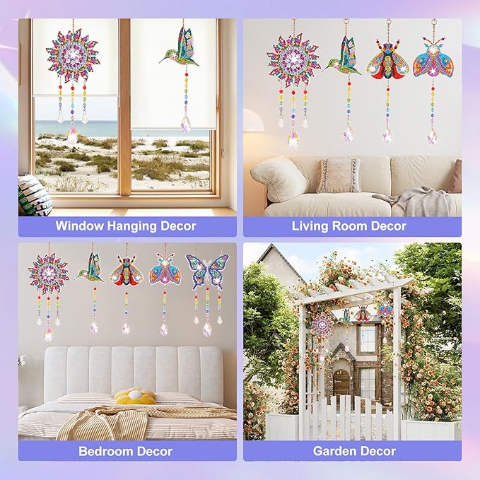 VibyTiby 5 pcs Diamond Art Kit, Suncatcher Craft, Complete DIY Kit with Crystals Pendants for Home Decor, Creative Gift for Crafters