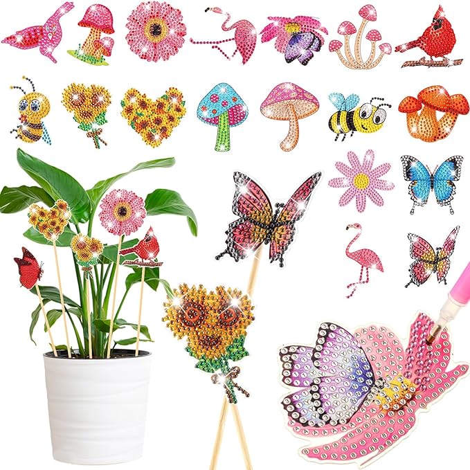 Sliner 20 Pcs Diamond Art Kits for Adults for Garden Decor with Butterfly, Hummingbird, Flowers, Bee, Mushrooms, Diamond Art Kit with Stakes Dot Ornaments Kits for Outdoor Yard Decoration Crafts