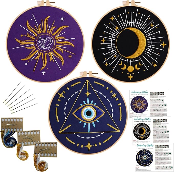 Louise Maelys 3 Set Tarot Embroidery Kits for Beginners with Sun Moon Evil Eye Pattern,Adults Starter Cross Stitch Kit DIY Needlepoint