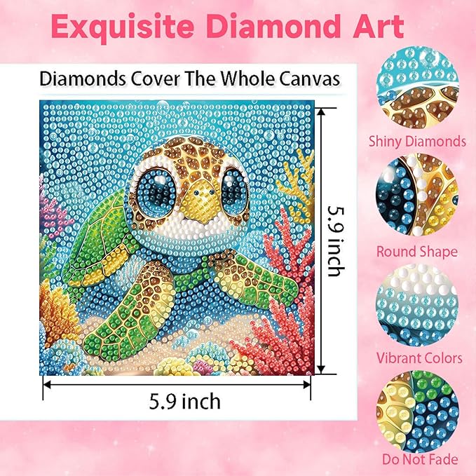 Sea Turtle Diamond Art Painting Kits for Kids with Frame, Animal Diamond Art for Kids Ages 4-8-12 with Frame, Easy Small Cute Gem Painting Kit for Gift Home Wall Decoration (7x7 inch)