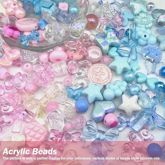 190-230PCS Assorted Acrylic Beads for Bracelet Making Kit, 200g Pink and Blue Cute Beads for Keychain Making, Kandi Charms, Kawaii Jewelry Making, DIY Crafts