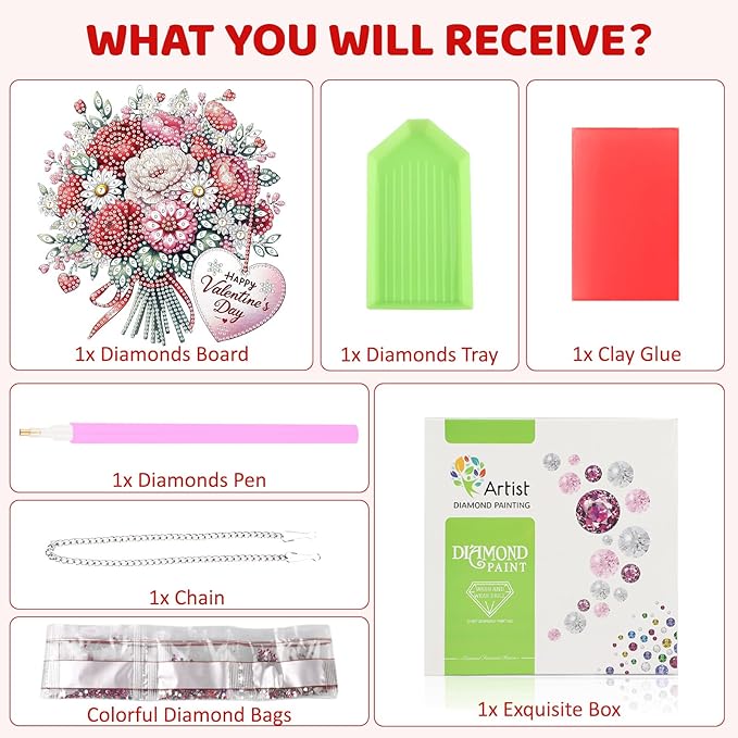MEIYUDA Valentine's Day Hanging Diamond Art Kits for Adult, Flowers Diamond Painting Hanging Kits Ornaments, DIY Special Shaped Rhinestone Window Pendants kit for Home Garden Wall Decor Gift