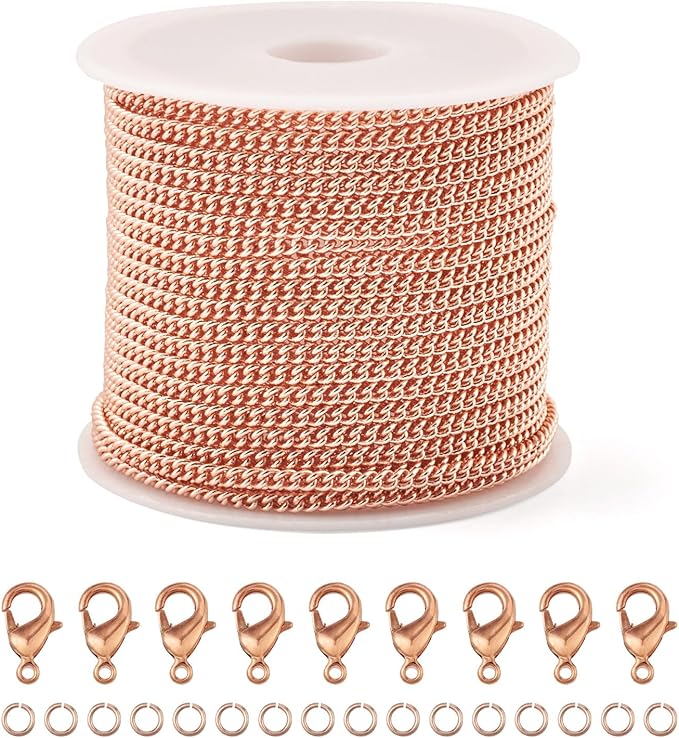 Pandahall 16.4 Feet Real Rose Gold Plated Brass Curb Chain Unwelded Twisted Jewelry Link Chains Bracelet Necklace Making Kit with Lobster Claw Clasps Jump Rings for DIY Jewelry Making