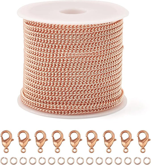 Pandahall 16.4 Feet Real Rose Gold Plated Brass Curb Chain Unwelded Twisted Jewelry Link Chains Bracelet Necklace Making Kit with Lobster Claw Clasps Jump Rings for DIY Jewelry Making