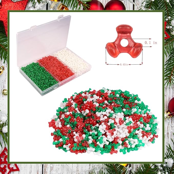 2400Pcs Christmas Tri Beads, Christmas Tri Shaped Beads Red Green White Triangle Beads for Craft Wreath Candy Cane-Xmas Holiday Tree Decorations Beaded Ornament Kit