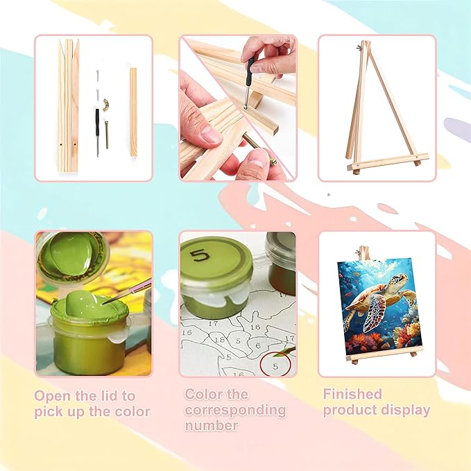 4 Pack Paint by Numbers for Adults with Framed Canvas - with Wooden Easel, Beach Paint by Number on Canvas, DIY Sea Turtle Acrylic Oil Painting Kits with Brushes for Home Wall Decor (8x12 inch)