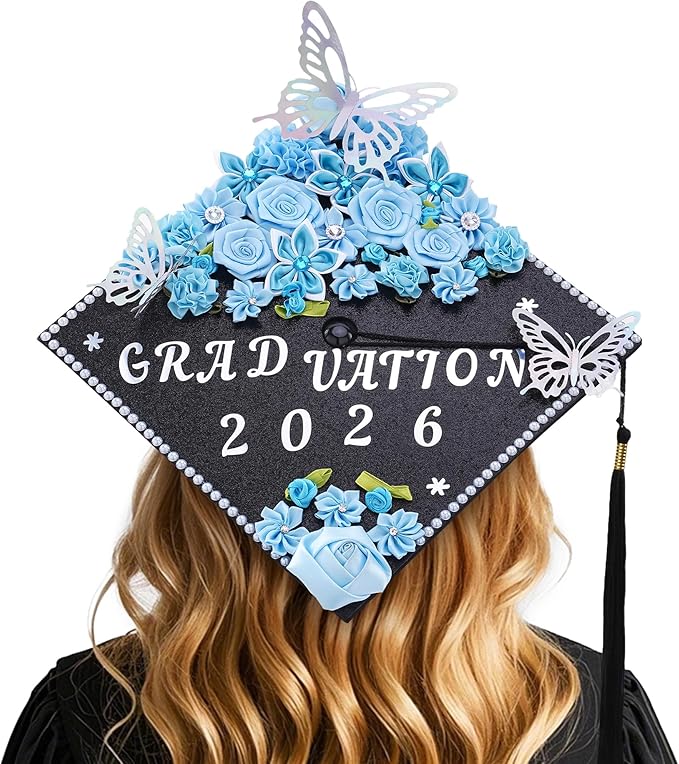 VISSTREE DIY Graduation Cap Decoration, 56 Pcs Cap Decorations for Graduation Kit 2026 DIY Grad Cap Graduation Gift with Blue Paper Flowers 3D Glitter Butterfly Custom Number Letter Stickers Decor