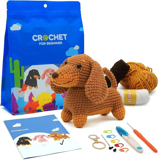 Nikolle Crochet Kit for Beginners with Step-by-Step Video Tutorials Crochet Animal Kit Crochet Starter Kits for Adults Kids - Dachshund(Brown)