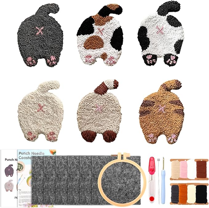 JarThenaAMCS 26 Pcs Pet Punch Needle Coaster Kits Cat Crafts Coasters Kit with Adhesive Felt Yarns Embroidery Hoop Instruction for Adults Beginners DIY Decor