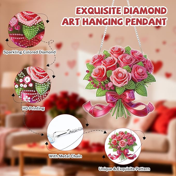 Bowetile Valentine's Day Diamond Art Hanging Kits for Adults, Diamond Art Suncatchers Pink Roses, 5D Special Shape Diamond Painting Flowers Pendant Window Ornament Gifts for Home Door Wall Decor