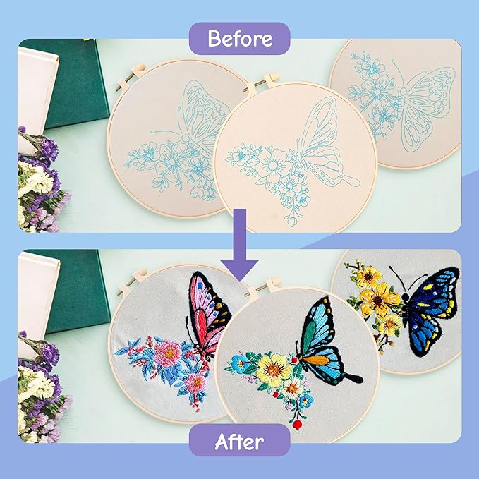 Butterfly Embroidery Kit for Beginners – DIY Embroidery Set with 3 Hoops, Colorful Stamped Patterns, Needles, Thread, Scissors – Hand Embroidery Kit for Adults, Teens, Women – Easy Cross Stitch Craft