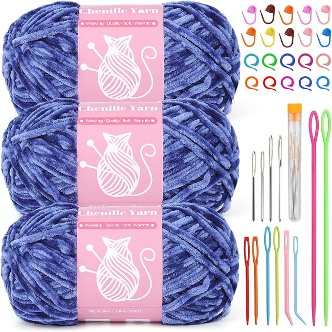 LUNARM Chenille Velvet Yarn for Crocheting & Knitting, Soft Yarn for Making Blankets, Clothes & More - 3 * 3.35oz, 3 * 162yds (Denim Blue)