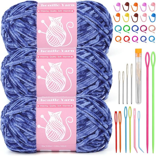 LUNARM Chenille Velvet Yarn for Crocheting & Knitting, Soft Yarn for Making Blankets, Clothes & More - 3 * 3.35oz, 3 * 162yds (Denim Blue)