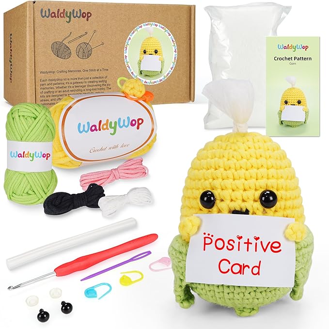 WaldyWop Wobbles Crochet Kit for Beginners: Ideal Gifts for Women w/Positive Card - Easy Craft Kits for Starter Adults w/40% Extra Soft Yarn, Step-by-Step Video Tutorials, Corn Crochet Pattern