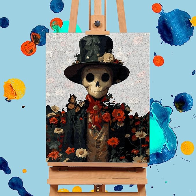 Halloween Paint by Numbers Kit for Adults - Skull Acrylic Adult Paint by Number Kits on Canvas for Beginner, Flowers Skeleton DIY Oil Painting by Numbers for Adults Kit for Home Decor Gift 16"x20"