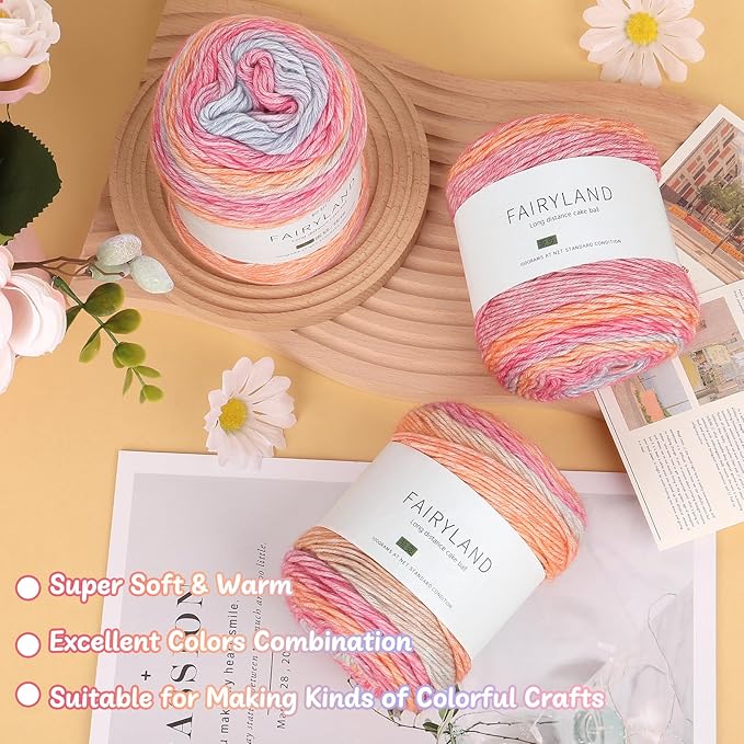 Aeelike Gradient Yarn for Crocheting, 3 Skeins Cake Yarns 100g (3.52 oz) 245m (267 Yards) # 3 Light Weight Super Soft Ombré Yarns for Making Blanket Scarves Sweaters, Pink Purple Gradient