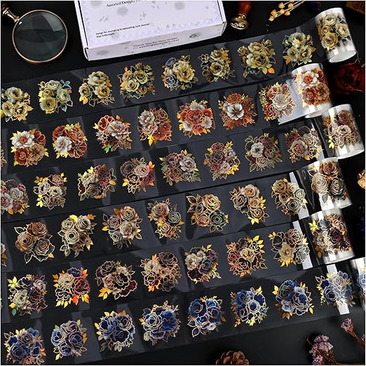 Gold Foil Floral Stickers for Scrapbooking, 6 Rolls Vintage Flower Die Cut Stickers Transparent PET Tape Set for Junk Journal Supplies, Collage, DIY Crafts Arts Decorative