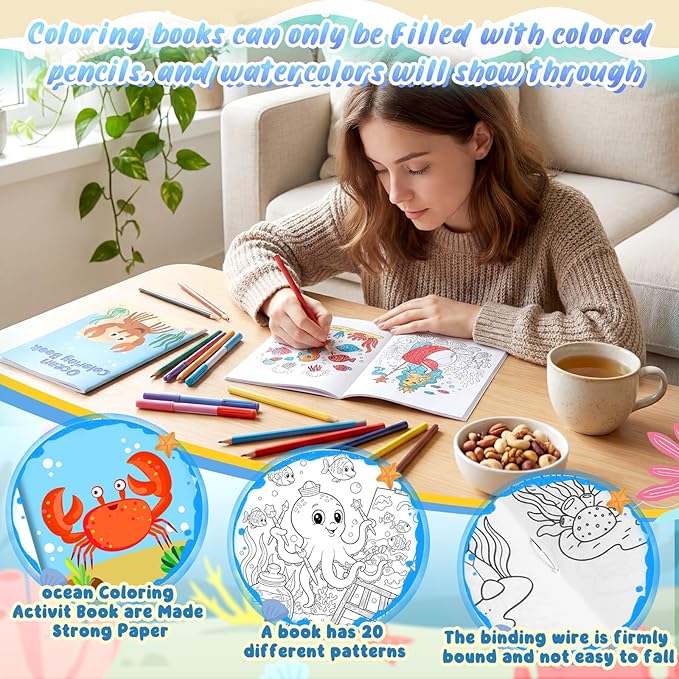 Liliful 144 Pcs Ocean Cartoons Coloring Book Bulk for Kids Mini Ocean Cartoons Theme Drawing Book with Sea Creature Shell Patterns Marine Life Goodie Bag Filler Party Favors and Holiday Gifts