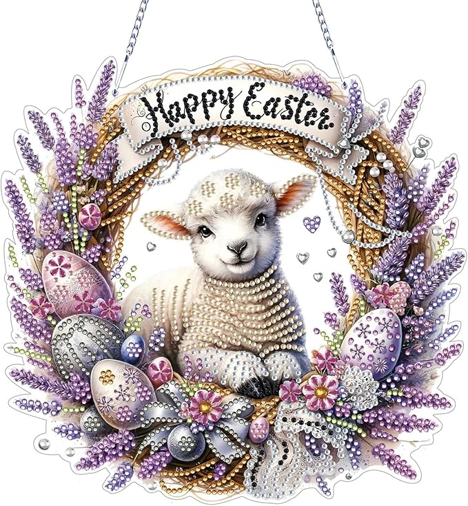 VODAPYC Easter Diamond Art Hanging Kits for Adults, DIY Double Sided Partial Special Shaped Diamond Painting Window Pendant Ornament(Happy Easter Sheep)